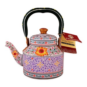 Théière à induction en acier inoxydable peinte à la main - « Fleur de soleil » mauve clair, cadeau pour petite amie, maman, décoration de maison, cadeau de Noël