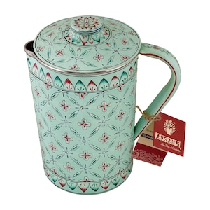 Hand Painted Water Jug, Aqua Green Stainless Steel Pitcher With Lid