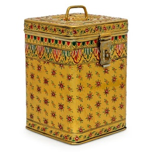 Hand painted kitchen steel metal canisters  - Indian Mughal art rectangular shape tin, traditional Indian box, jar for snacks, Brass & Gold