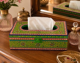 Hand Painted Tissue Box: Green Mughal Art, Christmas Decor