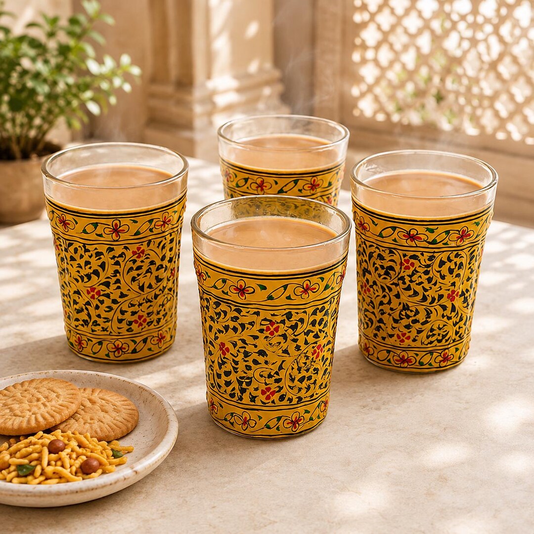 Hand Painted Tea Glass Set of 4 | Indian Art Chai Cup