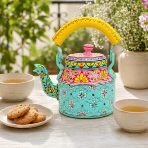 Hand-Painted Indian Tea Kettle: Mughal Art Floral Aluminum Teapot