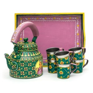 Hand Painted Tea Set  with tray and 6 cups: Festive Gift, Gift for Her, A prefect gift combo, Housewarming gift