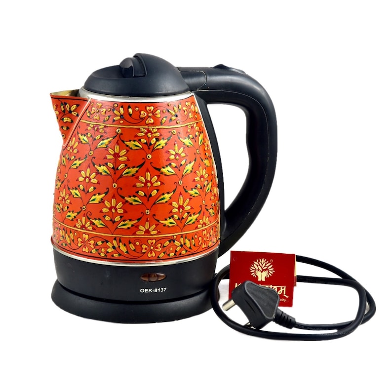 Electric Tea Kettle Hot Water Kettle for Tea and Coffee, Kaushalam Hand Painted Kashmiri Art Kettles, Fathers Day Gift for Art Tea lovers, Rust