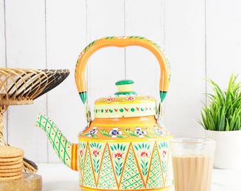 Hand Painted Steel Tea Kettle: Mughal Art, Induction Safe | Christmas Gift