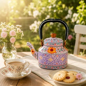 May include: A hand-painted metal tea kettle featuring a vibrant sunflower motif on the upper body and intricate purple floral scrollwork on the lower section, topped with a black handle and a small gold-coloured knob on the lid.