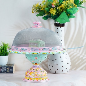 Hand Painted Cake Stand, Dessert Pedestal Stand with Mesh Dome , Spatula, Cake Stand Set, Mother&#39;s Day Gift