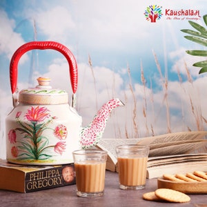 Hand Painted Stainless Steel Induction Tea Kettle with 2 clear Tea Glasses-&quot;KOMAL - The Delicate Beauty&quot; ,White Artistic Christmas Kettle