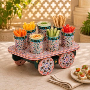 Handbeschilderde theewagen met 6 glazen | Theewagen | Chai-kopjes | Mughal-kunst uit Pink City