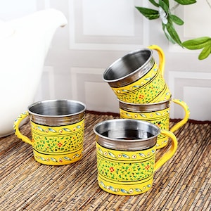 Tea cup set of four, Hand painted stainless steel Mugs, Mughal art painting Coffee Tumbler, Gift for Tea Lovers, Metal Coffee Mugs