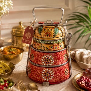 Hand Painted 3-Tier Tiffin Box: Mughal Embossed Stainless Steel Dabba