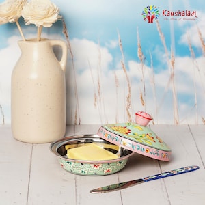 Butter Holder Grace : Butter Dish with lid & Knife  ,Hand Painted Stainless Steel Butter Container, Butter Warmer