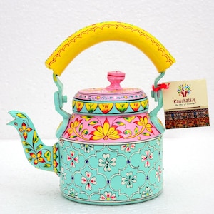 Hand-Painted Indian Tea Kettle: Mughal Art Floral Aluminum Teapot