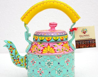 Hand-Painted Indian Tea Kettle: Mughal Art Floral Aluminum Teapot