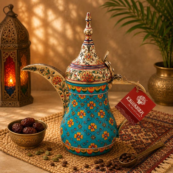Hand Painted Brass Arabic Coffee Pot: Turquoise Kashmiri Kahawa