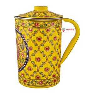 Water Pitcher with Lid, Stainless Steel, Water Jug-Artisan Hand Painted Stainless Steel Serving Pitcher