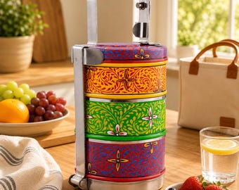Hand Painted Indian Tiffin Box: 3-Tier Stainless Steel Lunchbox