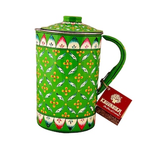 Hand Painted Stainless Steel Water Jug: Mughal Art, Emerald Green