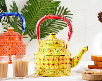 Ręcznie malowany czajnik | Tradycyjny czajnik ze stali nierdzewnej w stylu Mogołów | Prezent świąteczny
