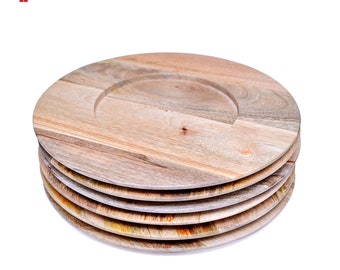 Platos cargadores redondos de madera, juego de 6 platos, cargadores de cena de madera de Acacia-13 pulgadas, cargadores de platos, cena fina