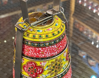 Hand Painted 3 Tier Tiffin Box: Indian Dabba Lunchbox