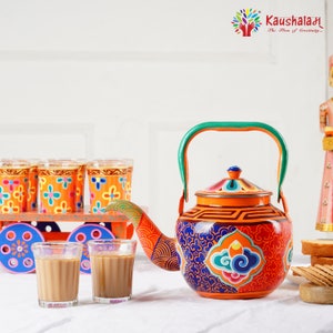 Handgeschilderde oranje theeset - inductiekookplaat stalen waterkoker met theewagen en 6 theeglazen, housewarmingcadeau, artistiek kerstcadeau