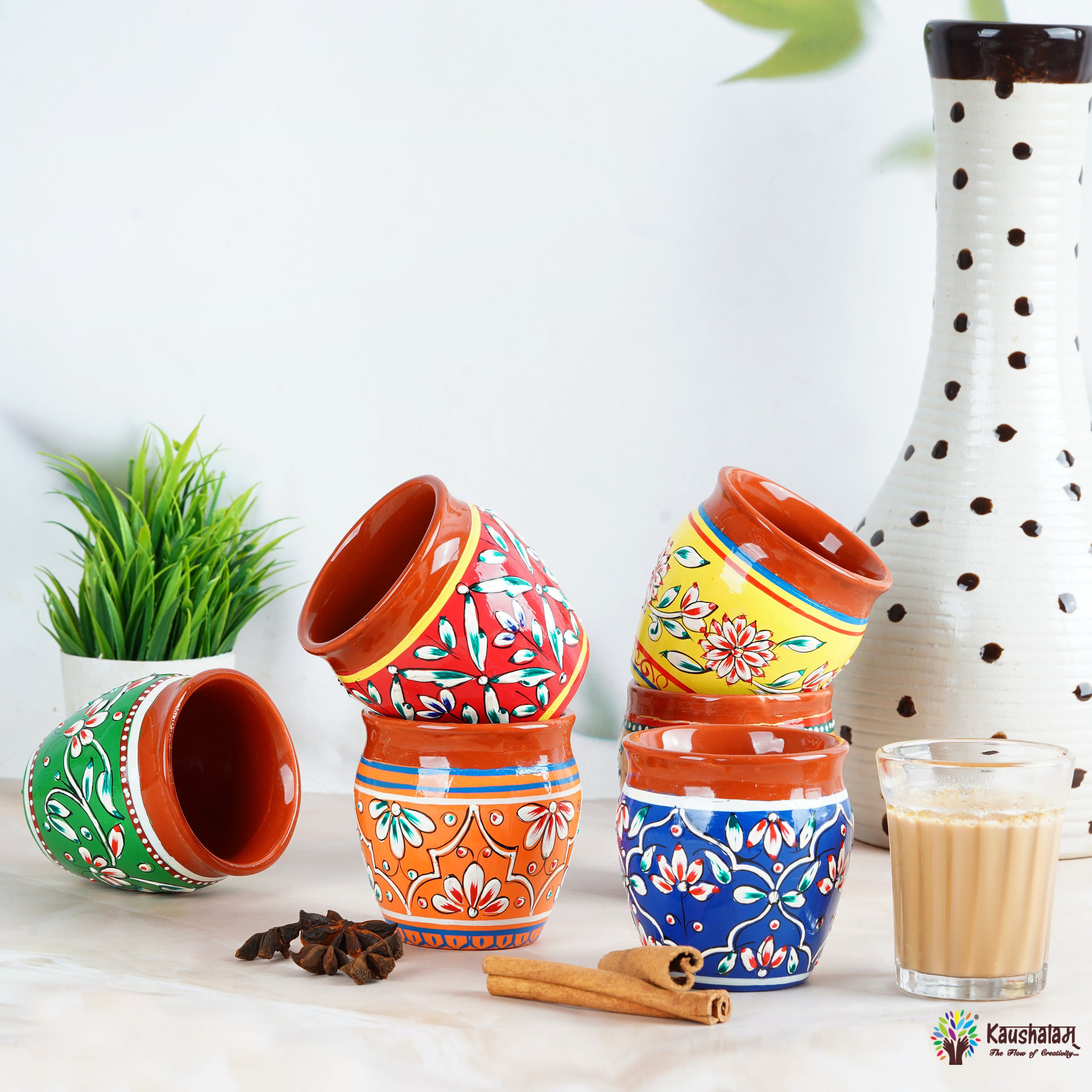 4 Pcs Ceramic Coffee Mug With Saucer, Wood Serving Tray With
