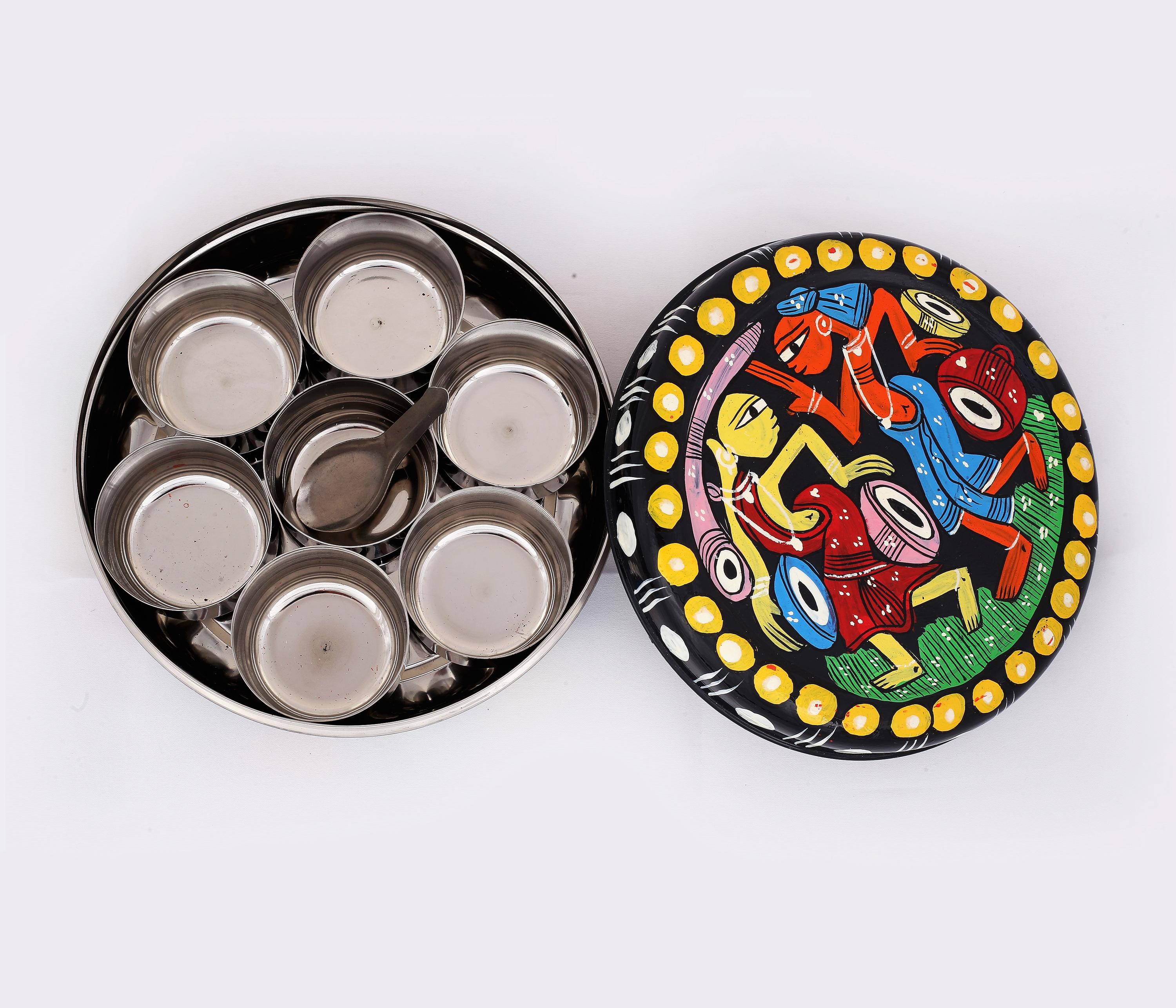 Hand-painted Spice Box: Tribal Wedding Dance - Indian Masala Daani