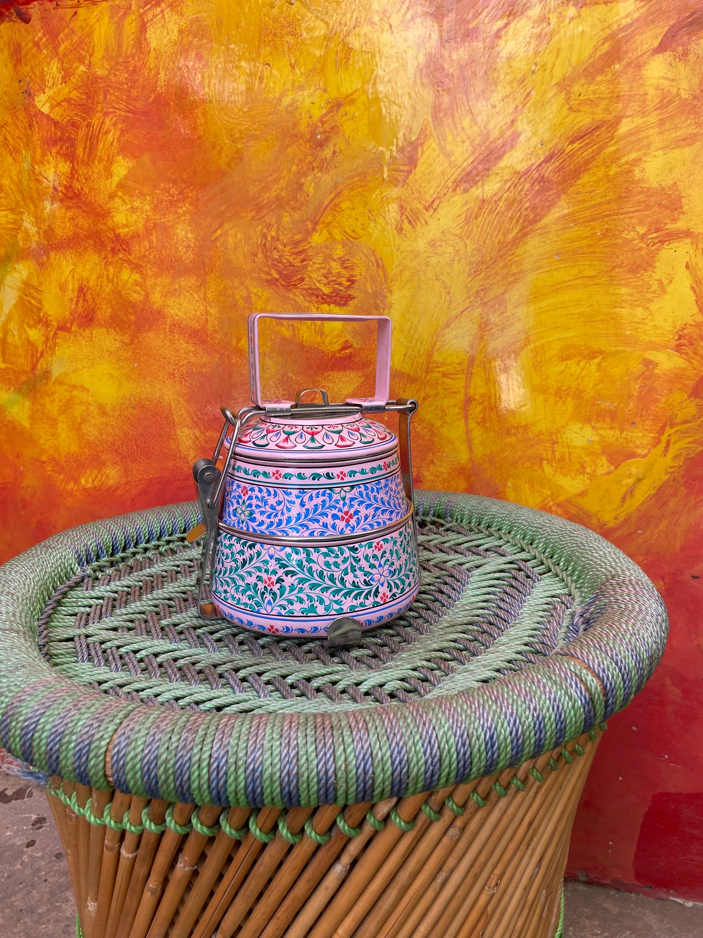 if INDIAN FISH タンクトップ　Roen ストール　セット Hand Painted 2-tier Stainless Steel Tiffin Box: Mughal Art