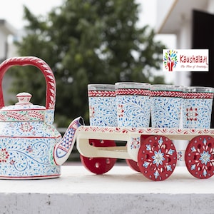 Handgeschilderde thee set met mobiele kar - "ZURI" stalen theeketel 6 theeglazen, theekar, keuken accent, housewarming cadeau, Valentijnscadeau
