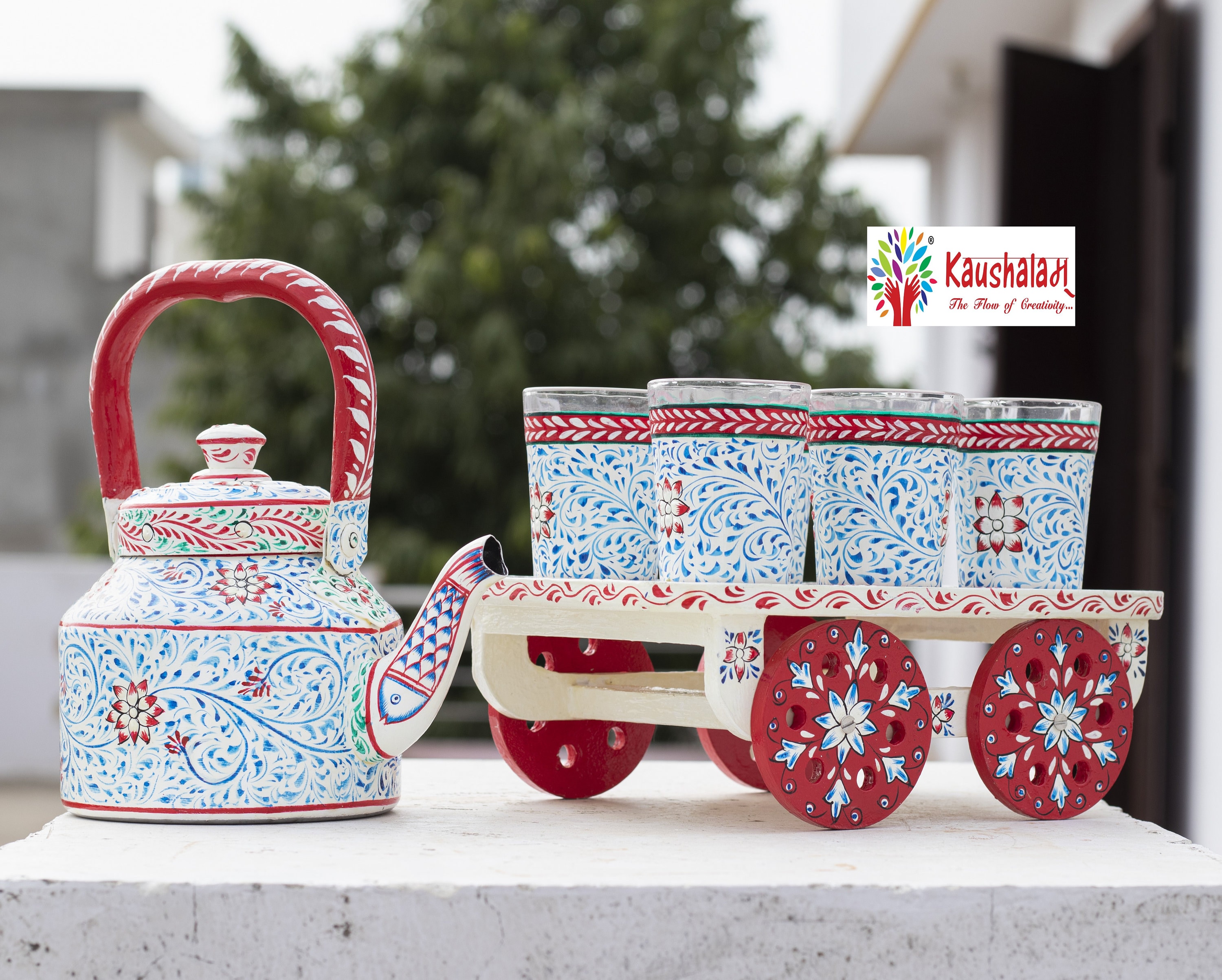 Hand Painted Tea Set with Mobile Cart: Mughal Art Kitchen Accent