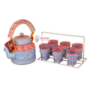 Tea Set with 6 Tea Glasses & Stand for serving tea, Kaushalam Hand painted Indian kettle set for tea lovers,High tea party Set