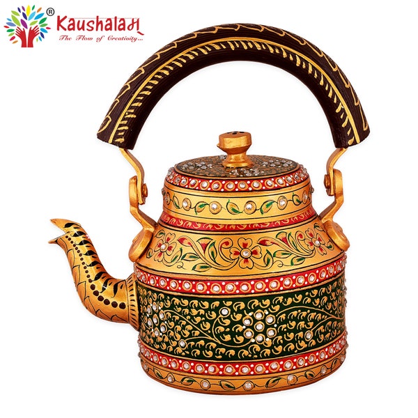 Kaushalam Hand Painted Tea Kettle - Majestic Christmas Gift Tea Pot with crystals dark bottle green and gold, Indian handicrafts tea kettles