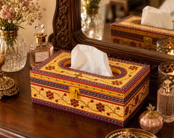 Hand Painted Tissue Box: Mughal Art Embossed Wooden Holder