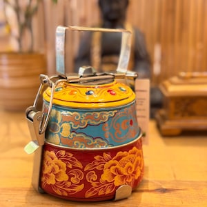 Hand Painted Indian Tiffin Box: 2-Tier Stainless Steel Lunch Box