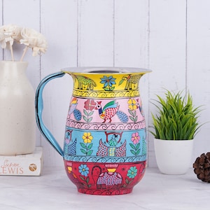 Hand Painted Stainless Steel Water Jug , Indian Hand Painted Water Pitcher, Flower Vase,  Gift for All Occasion, Folk Art Metal Pitcher,