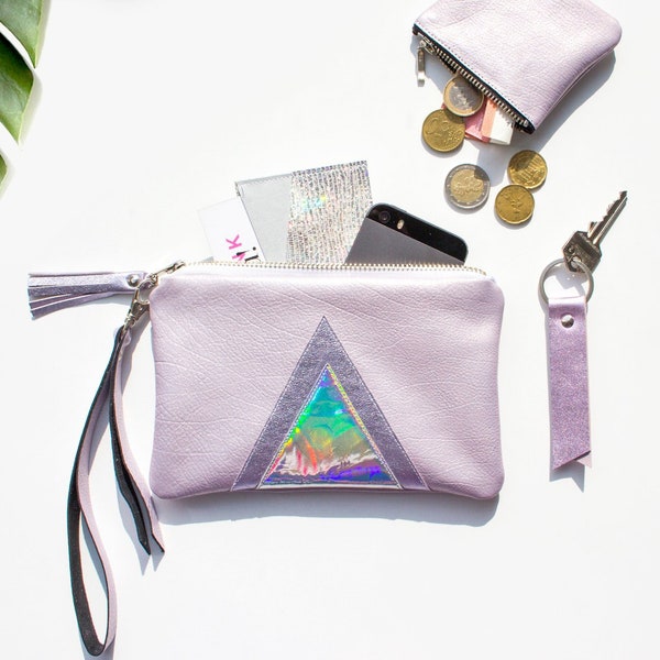 Violet Leather Clutch, Pastel Bridal Wristlet, Purple Iridescent Leather Pouch, Pastel Bridal Wristlet, Lilac Leather Purse, Wedding Clutch