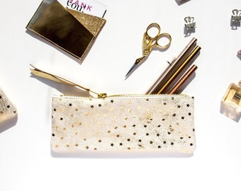 Gold Star Pencil Case, Gold Star Pen Pouch, Stationary Lover Gift, Artist Pencil Case, Galaxy Star Leather Case, Elegant Make up Bag
