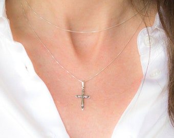 Dainty Victorian Cross Silver Pendant Necklace, Delicate Silver Cross Pendant, Silver Christening Necklace, Victorian Cross necklace