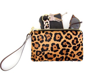 Leopard Leather Wristlet, Leopard Zipper Purse, Brown Calf Hair Wallet, Leopard Cosmetic bag, Small Leopard Clutch