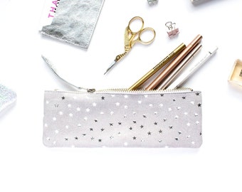 Leather Star Pencil Case, Star Print Pen Pouch, Celestial Cosmetic Bag, Star Print Pencil Case, Grey Star Pouch, Silver Star Zipper Pouch