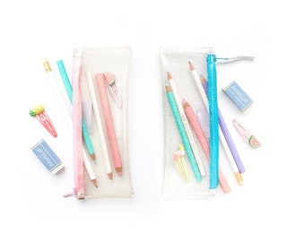 Astuccio trasparente con glitter, astuccio in plastica per penne, astuccio per il trucco trasparente, astuccio in vinile per artisti, astuccio in plastica con glitter dorati, piccolo astuccio trasparente per penne