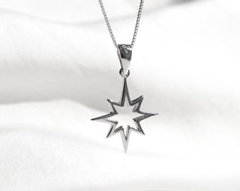 Northern Silver Star Necklace, Celestial North Star Pendant, 925 Sterling Silver Starburst Necklace, Star Wedding Jewelry, Polaris Necklace