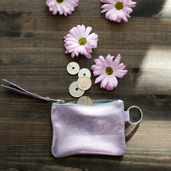 Pink Keyring Pouch, Metallic Coin Purse, Stylish Coin Purse, Mini Keychain Pouch, Credit Card Wallet, Metallic Change Purse, Keyring Pouch