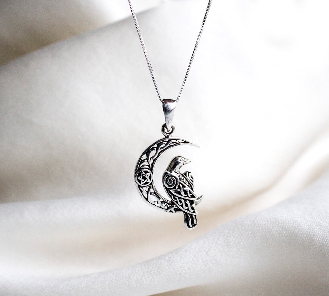 925 Silver Raven on Crescent Moon Pendant, Celtic Knot Raven Pendant ...