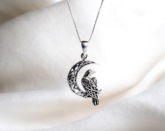 Silver Raven on Crescent Moon Necklace, Celtic Knot Raven Pendant, Silver Moon Raven Jewelry, Silver Bird Necklace, Pentagram Raven necklace