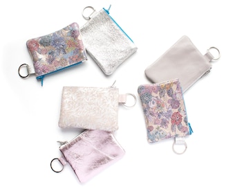 Cute Leather Keychain Pouch, Powder Pink Coin Purse, Floral Keyring Pouch, Grey Key Pouch, Silver Credit Card Wallet, Grey Coin Purse