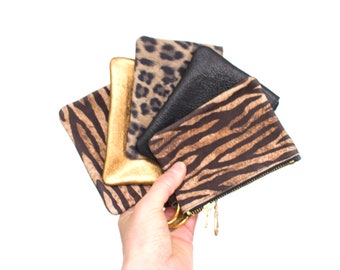 Keyring Pouch, Tiger keychain pouch, Black Leather Coin Purse, Leopard Keychain Pouch, Birthday Gift, Gold Change Purse, Tan Zebra Pouch