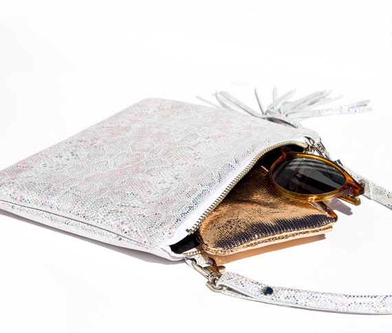 Silver Snake Leather Bag Small Silver Reptile Purse Metallic