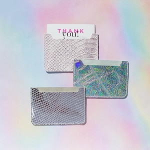 Cartera de cuero iridiscente para tarjetas, Cartera de cuero plateado para identificación, Tarjetero, Tarjetero holográfico, Cartera de cuero para identificación